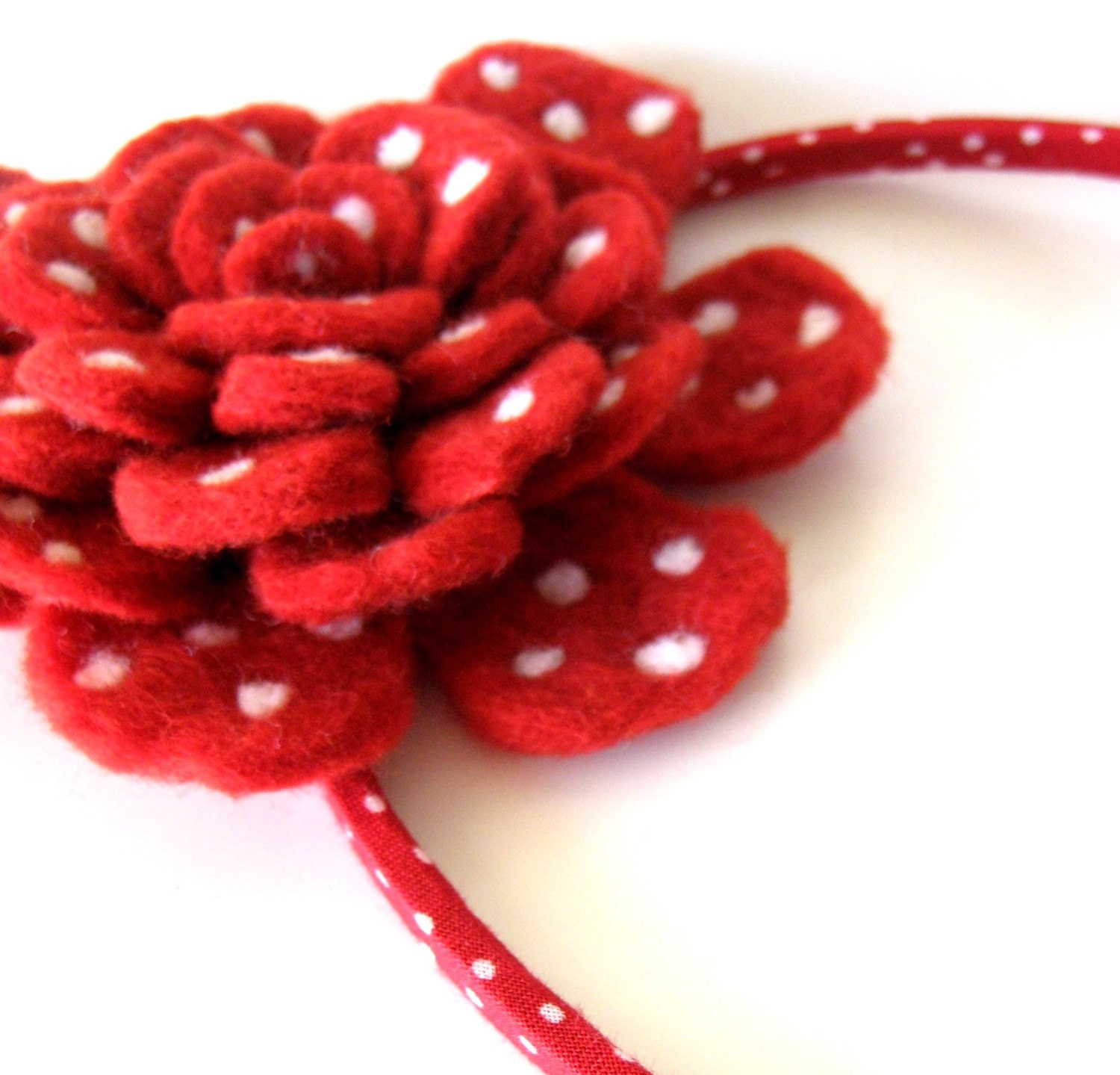 Wool felted Polka Dots flower in red and white polka dot  headband - Women & Girls