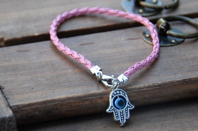 Pink string vegan leather kabbalah bracelet evil eye, Kabbalah Madonna hamsa