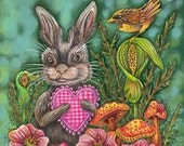 Hope On Wings - ART PRINT - 8 x 10 - Mandy SAILE - Spring, Summer, Bird Art, Heart, Rabbit, Garden, Nature, Love, Joy, Childrens Art