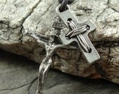 Mens Leather Cord Necklace w/ Pewter Crucifix Cross Pendant