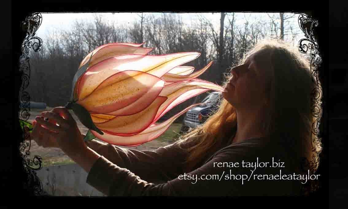 Large Pink and Yellow Lily inspired Paper Flower Luminaire (Lamp) By Renae Taylor