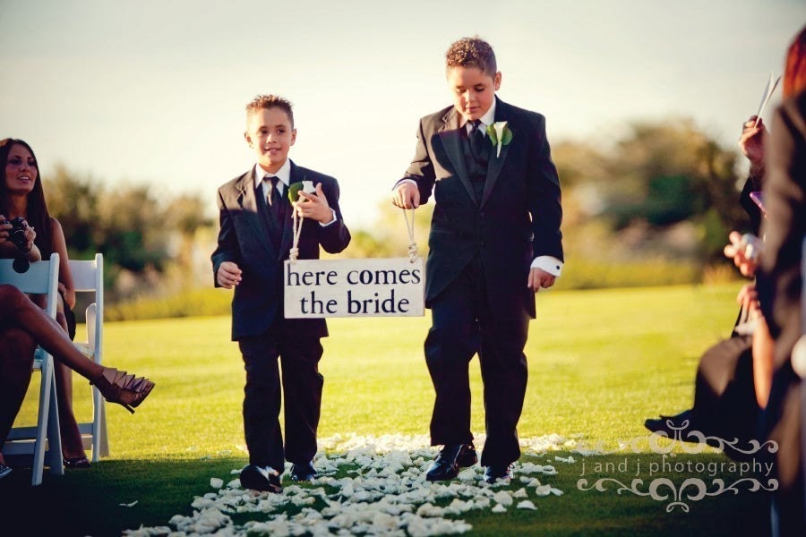 Here Comes The Bride Sign for Flowergirl or Ring Bearer, Photo Prop, Photographer, Rehersal Dinner, Alternative to Pillow or Basket With Handpainted Black Lettering, Choice of One or Two Handles