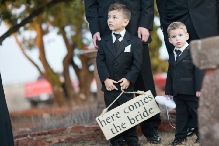 Here Comes The Bride Sign for Flowergirl or Ring Bearer, Photo Prop, Photographer, Rehersal Dinner, Alternative to Pillow or Basket With Handpainted Black Lettering, Choice of One or Two Handles
