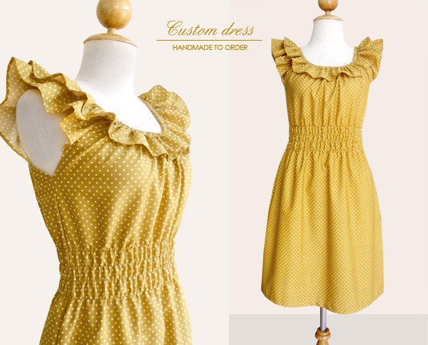 Custom ruffled collar dress w/ pockets in mustard yellow