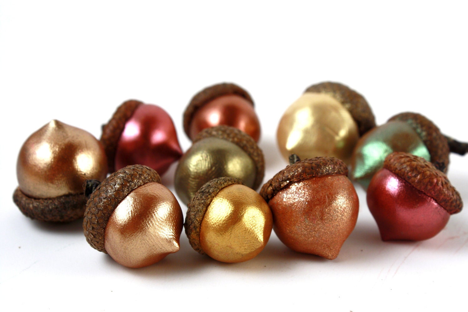 Set of 10 Sculpted Shimmer Acorns with Natural Caps in Autumn Colors - made to order