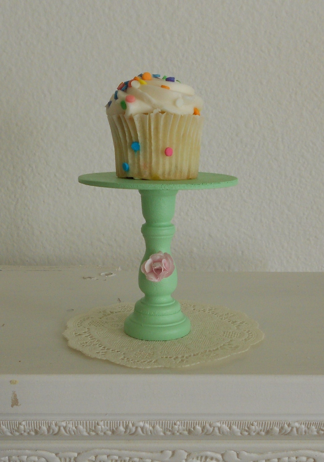 Shabby chic Mint green  pink Ashwell rose Mini wood cupcake stand or cake pop stand ECS