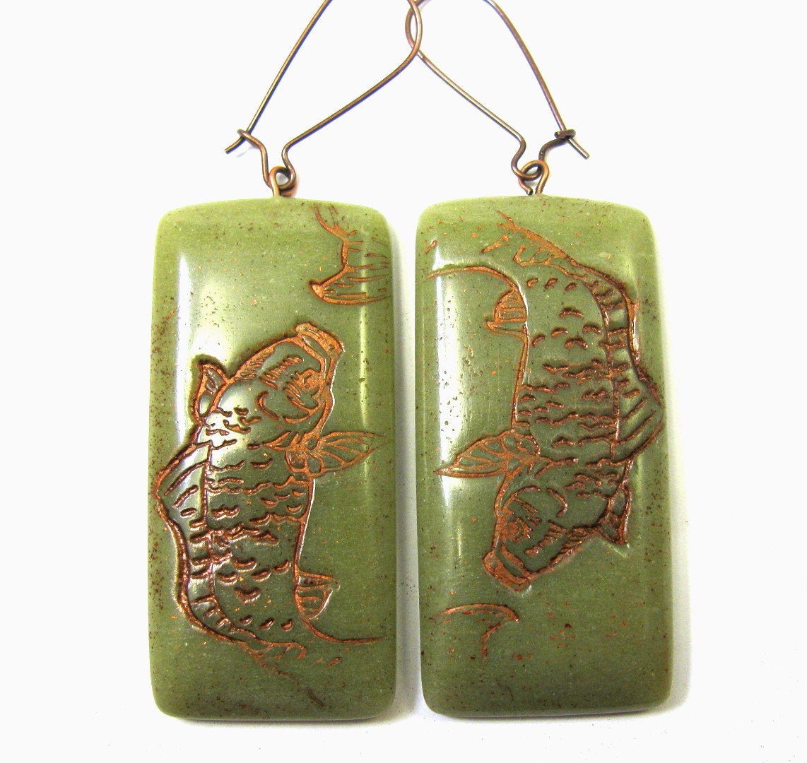 Faux Burma Jade Copper Etched Koi Polymer Clay Earrings