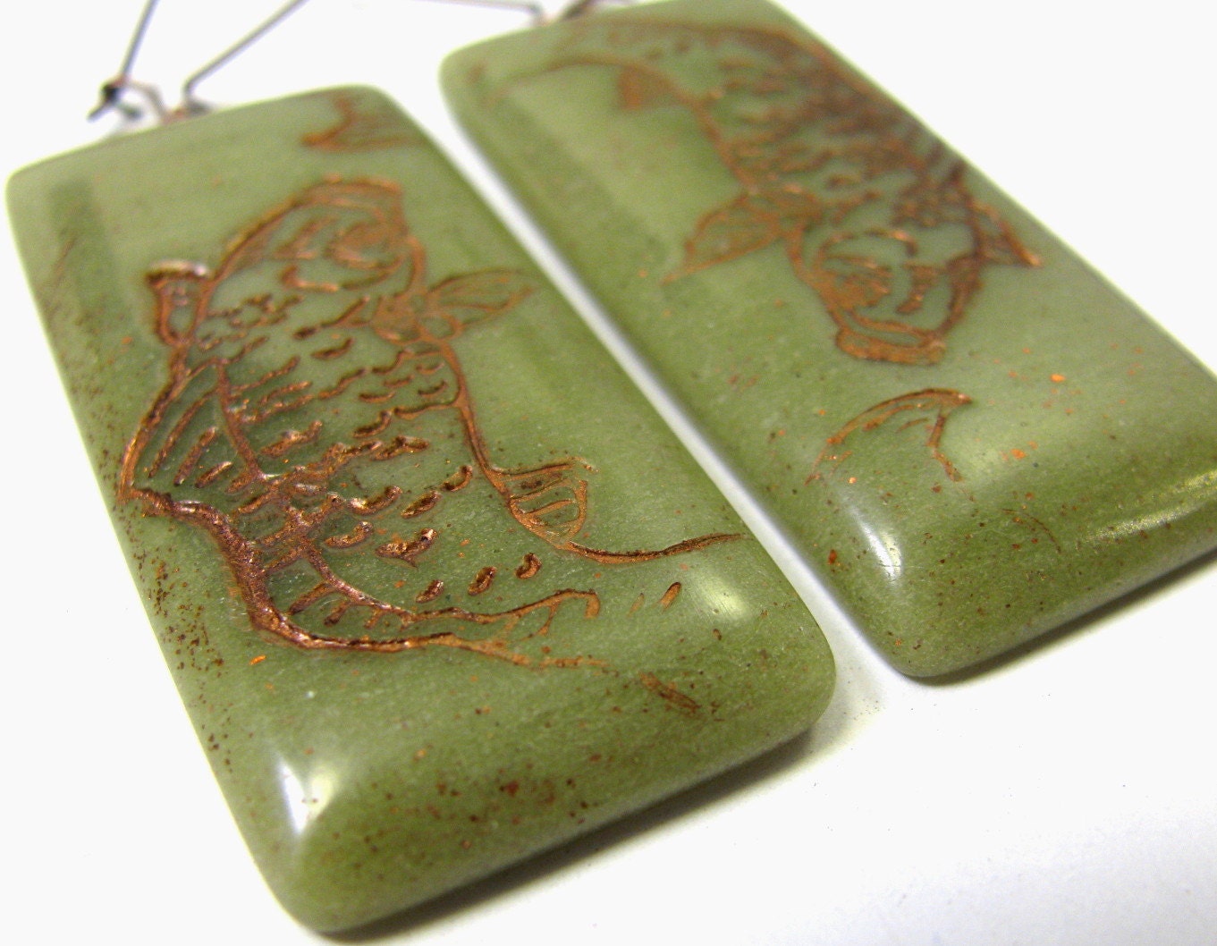 Faux Burma Jade Copper Etched Koi Polymer Clay Earrings