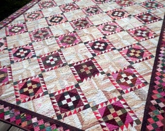 Patchwork Bed Quilt , Lap, Twin, or Full, Heirloom, Scrappy, Cream, Fuchsia, Green, Brown - Roll, Roll Cotton Boll