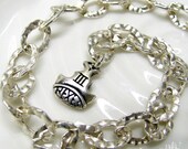Sterling Silver Bracelet, Hammered Heavy Chain, Adjustable, Custom Crown Charm