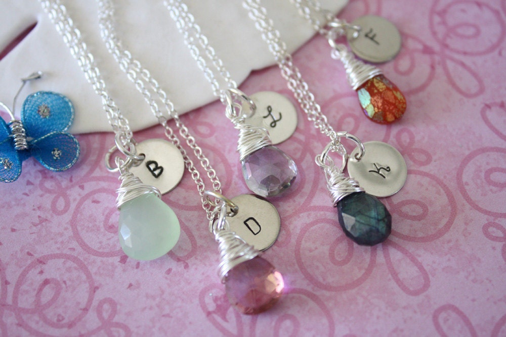 5 Bridal Personlized Gift Set, Initial n Gemstone Sterling Silver Necklaces