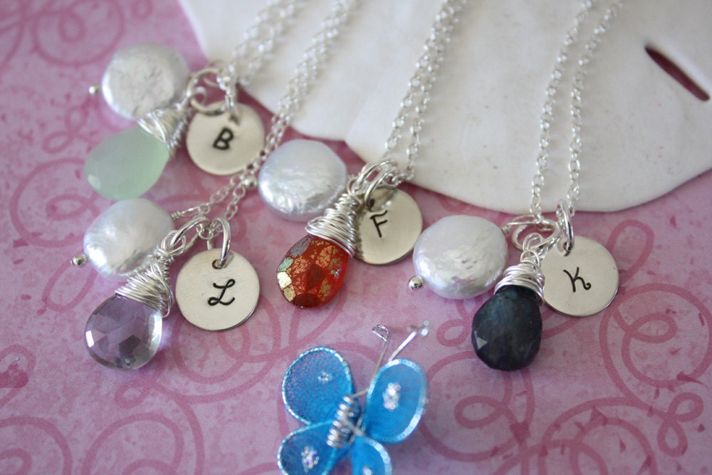 4 Bridal Personlized Gift Set, Initial n Gemstone n Pearl Sterling Silver Necklaces