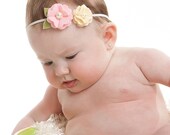 Wool Felt Flower Headband and Pearl Duo  For Infants/Toddlers/Children In Cotton Candy Pink and Cream On Skinny Elastic Headband