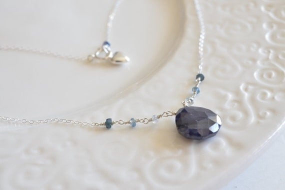 Blue Sapphire & Heart Charm Shiny Sterling Silver Necklace