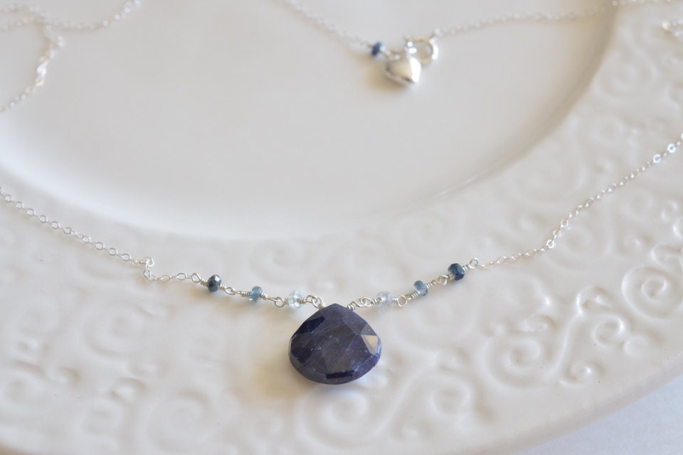 Blue Sapphire & Heart Charm Shiny Sterling Silver Necklace