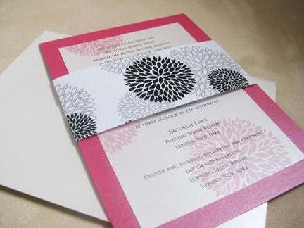 Wedding Invitation in Mod Floral Pattern, Layered with Metallic Papers and Sash