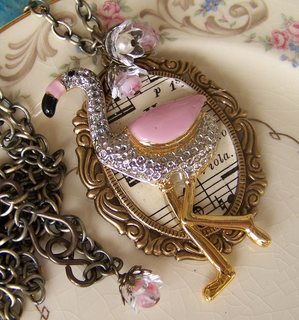 Fabulous Flamingo-Repuposed brooch-Altered Art Necklace