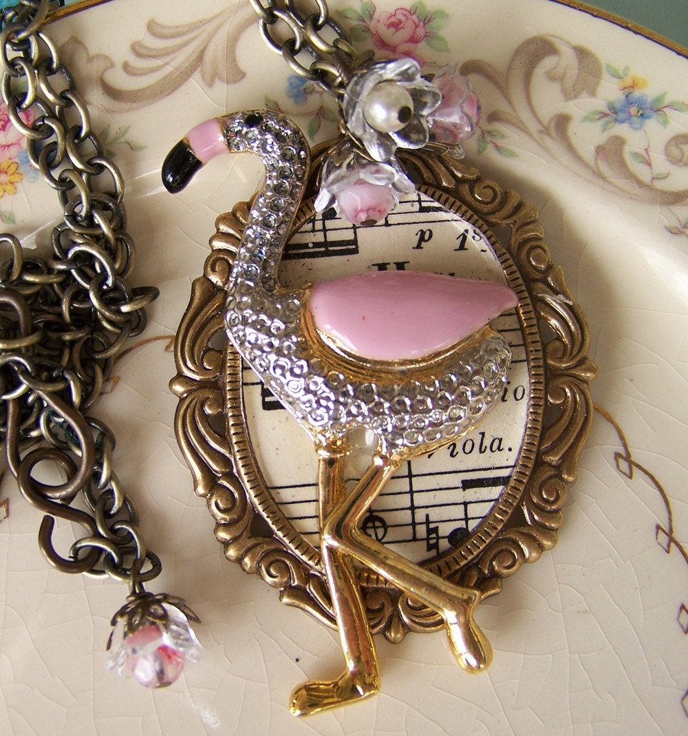 Fabulous Flamingo-Repuposed brooch-Altered Art Necklace