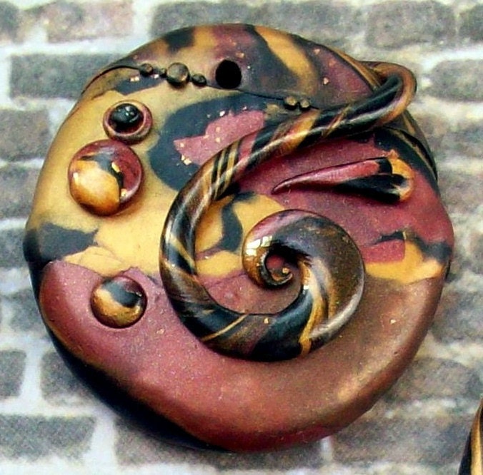 Mokume Gane Pendant Bead Bronze Tigress Polymer clay