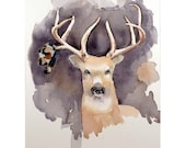 Deer Art Watercolor Painting Print - Stag, Deer Antlers - Woodlands Cabin - Men Women Gray Brown Deer - Dorm Apartment - Artist, Artwork