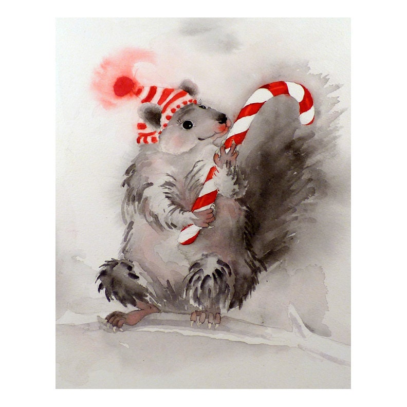 Art Watercolor Painting Squirrel Chipmunk Kids Men Women Teens Candy Cane Home Decor Woodlands Stripes Grey & Red 8 x 10 Under 25 - LaBerge