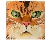 Cat Art - Watercolor Painting Print - Tangerine Orange Tiger cat Emerald Eyes - Tangerine Orange, Tender Shoot Green - ACEO to 8 x 12