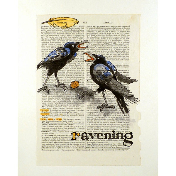 Ravens Crows Typwriter Art Original Watercolor Ravening Synonyms Writer Love of Words Vintage Dictionay Page Whimsical Gift Under 75 USD