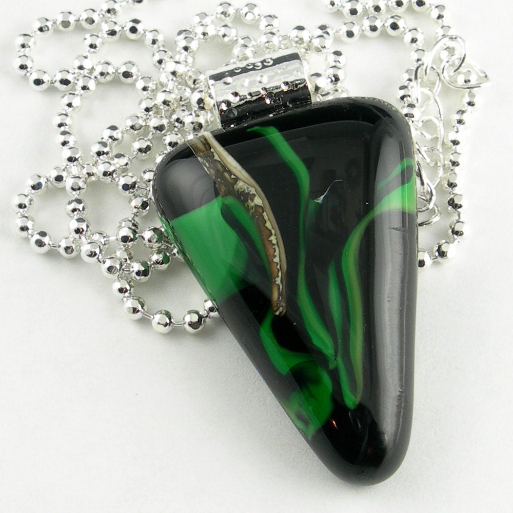 Black and Green Triangle Pendant Necklace Fused Glass Focal Bead with Silver Ball Chain