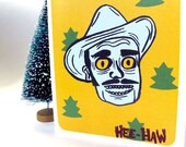Christmas card, Holiday Greeting Card, Funny Christmas card, Blank card, Cowboy, Mustache - Hee Haw yellow