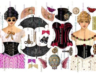 DIGITAL PAPER DOLL  Steam Punk  2 Dolls  Altered art  Vintage Printable Download Papercrafts  Scrapbooking Cardmaking