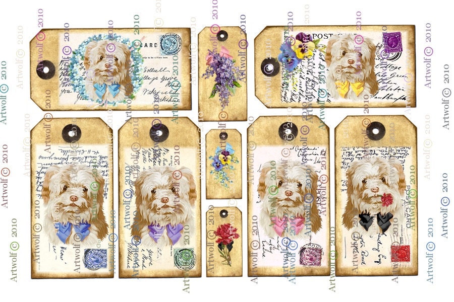 Buy gift tags and printable cards - DIGITAL  DOWNLOAD Dogs Gift TAGS Download Printable puppy Lapso apso Poodle Tibetan Terrier Scrapbook Birthday Party Cardmaking Papercraft