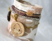 Fabric Mixed Media Jewelry Wrist Cuff Bracelet Beehive Textile