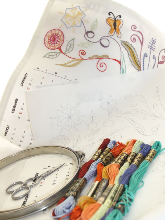 2013 Calendar Hand Embroidery Kit Pattern Needlework Wall Art Jacobean Fantasy DIY Tutorial with Thread