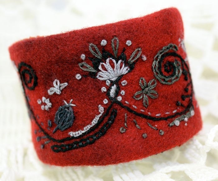 Garnet Wrist Cuff Jacobean Fantasy Wool Felt Hand Embroidered Bracelet - Waterrose