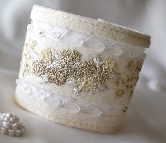 Bridal Wedding Accessory Hand Embroidered Textile Fabric Bracelet Cuff Hydrangea Magnolia