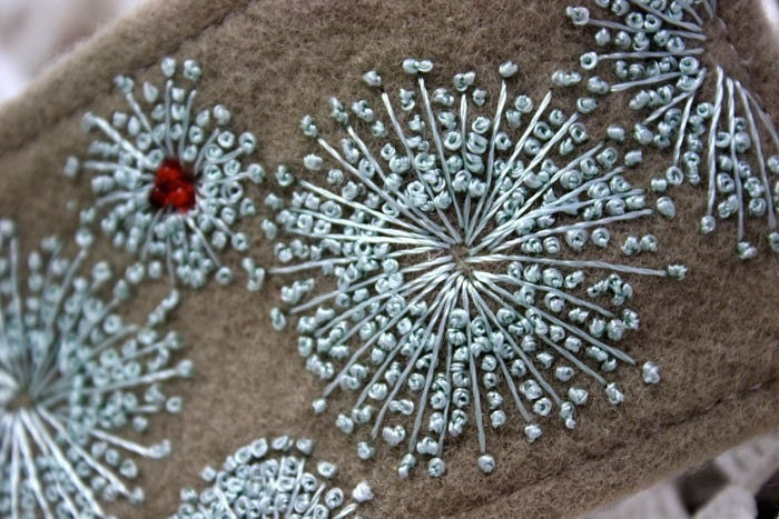 Hand Embroidery Wrist Cuff Queen Annes Lace Frost Mint Jewelry Silk Hand Embroidered