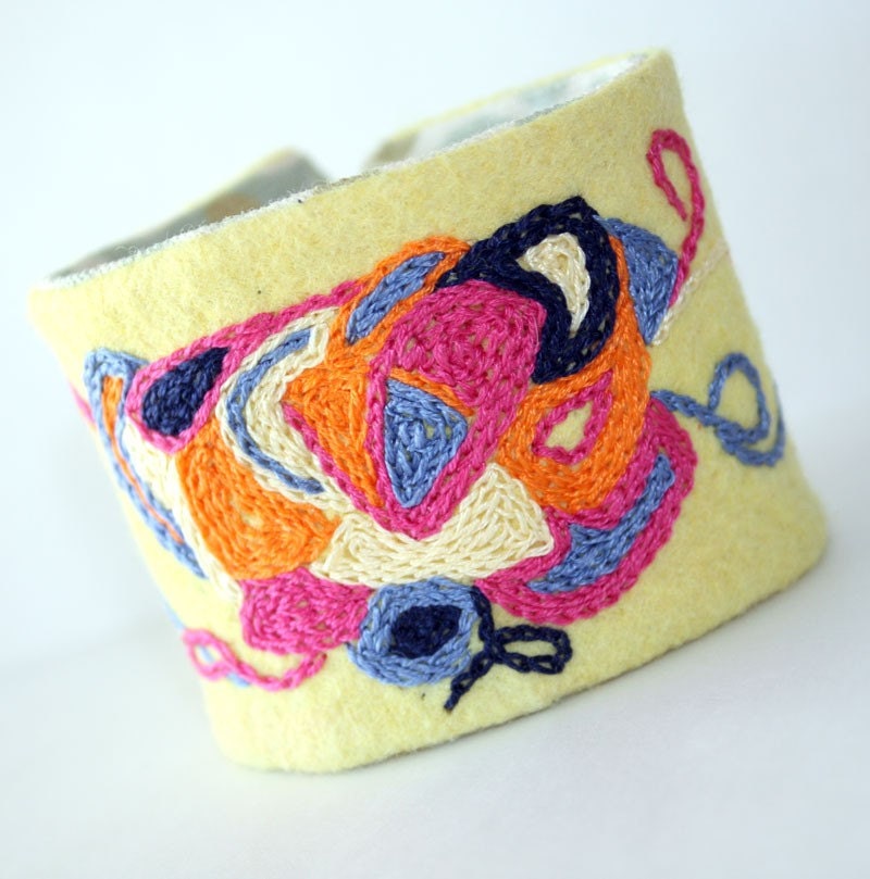 Fabric Textile Cuff Bracelet Fiesta Doodles Hand Embroidery Pink Orange Yellow