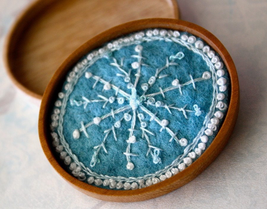 Cameo Brooch wood Snowflake Hand Embroidery Eco Friendly Blue Holiday Winter Gift for her