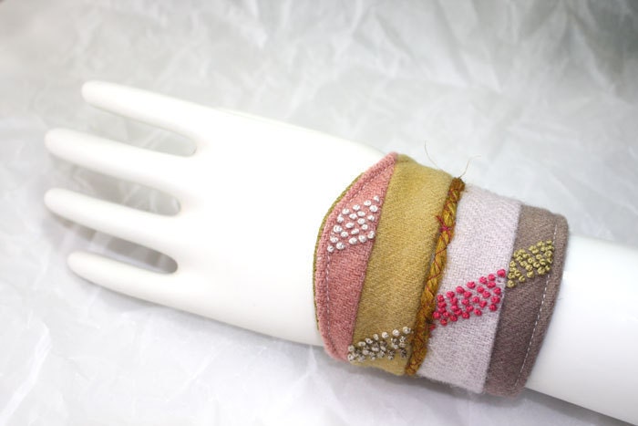 Fabric Textile Bracelet Cuff Hand Embroidered Colorblock Wool Cuff