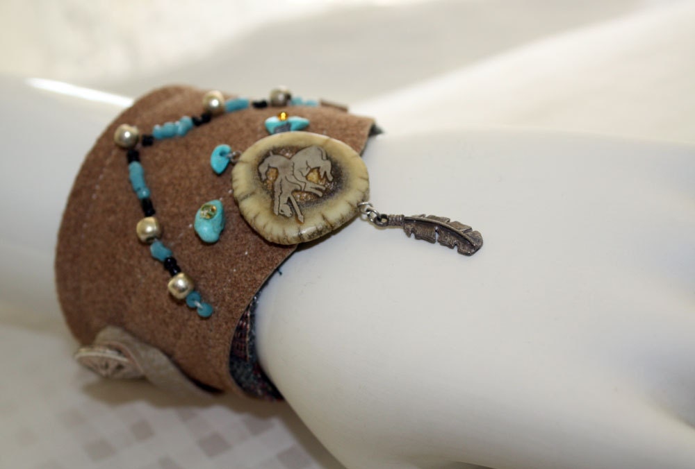 Southwest Silver Leather Turquoise Cuff Bracelet