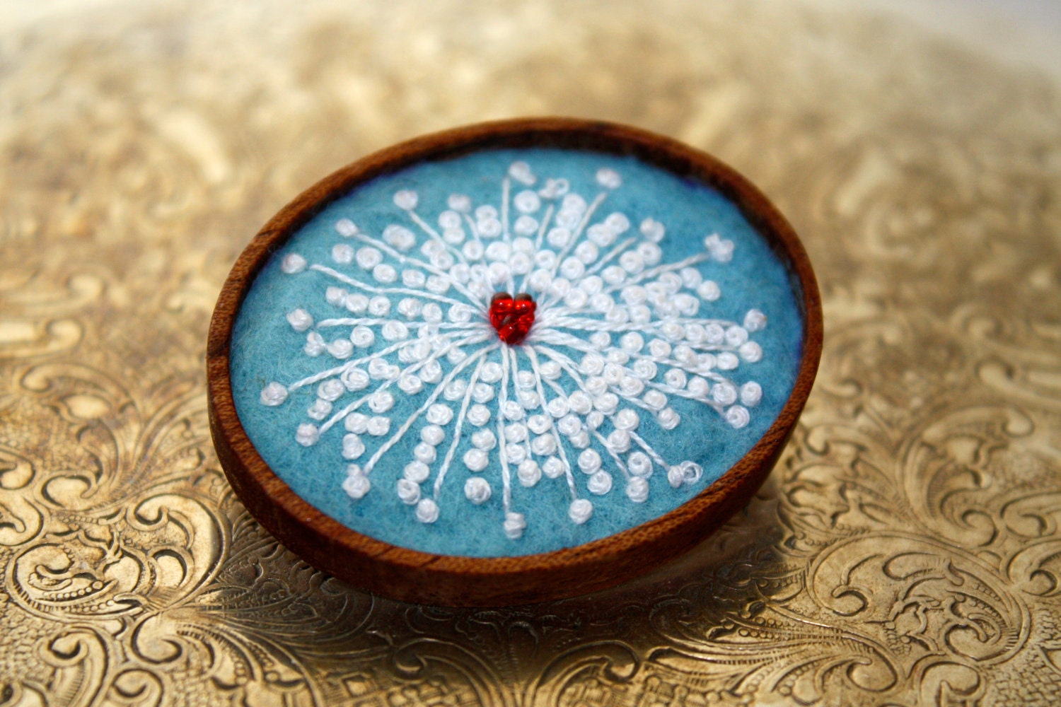 Brooch Queen Annes Lace Hand Embroidered Blue