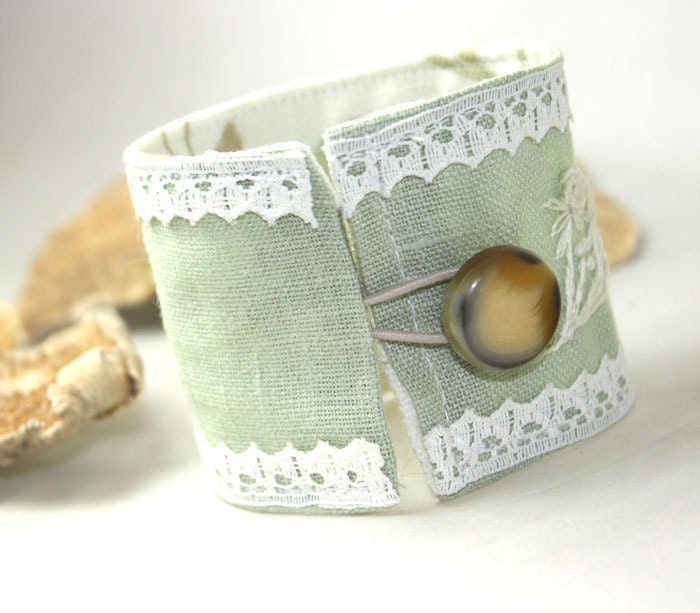 Fabric Hand Embroidery bracelet Textile Cuff Mint green Rose Bouquet Embroidery with Lace