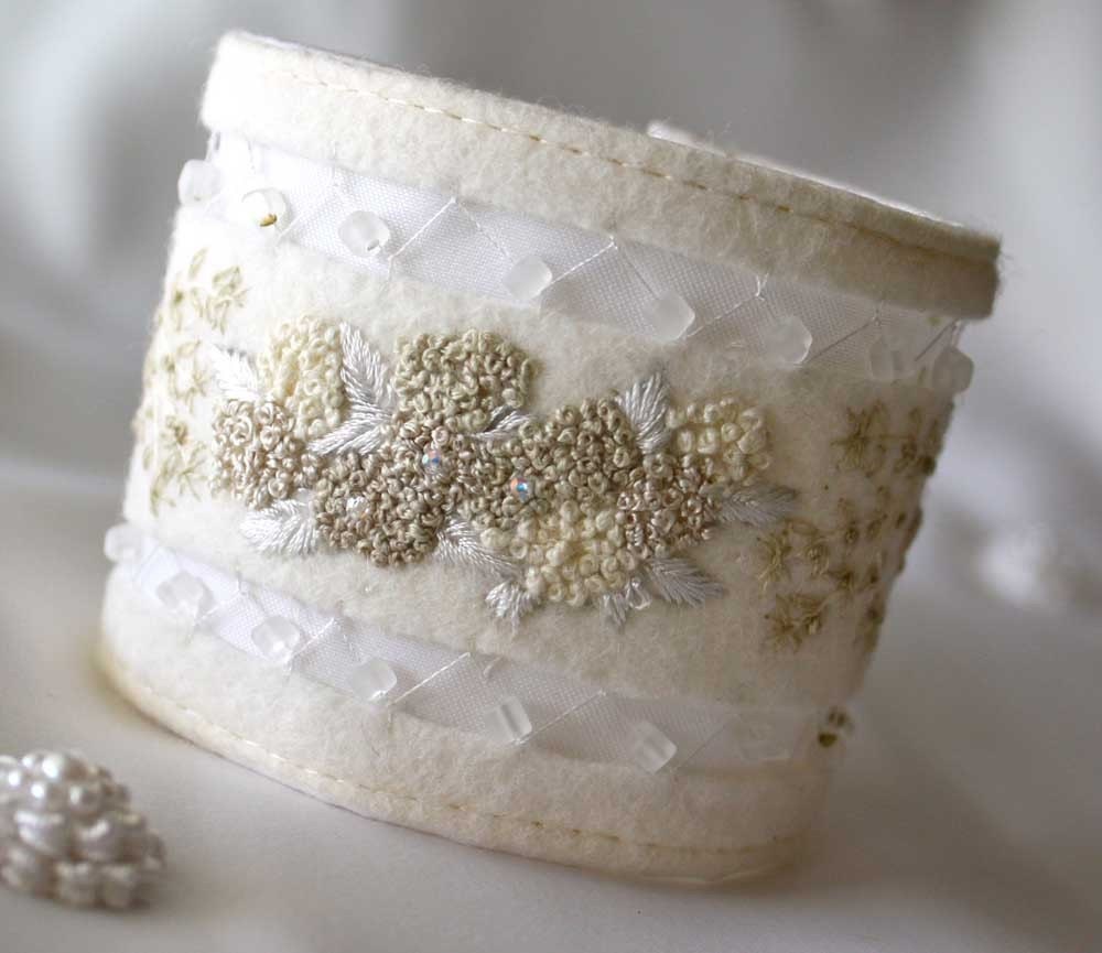 Bridal Wedding Accessory Hand Embroidered Textile Fabric Bracelet Cuff Hydrangea Magnolia