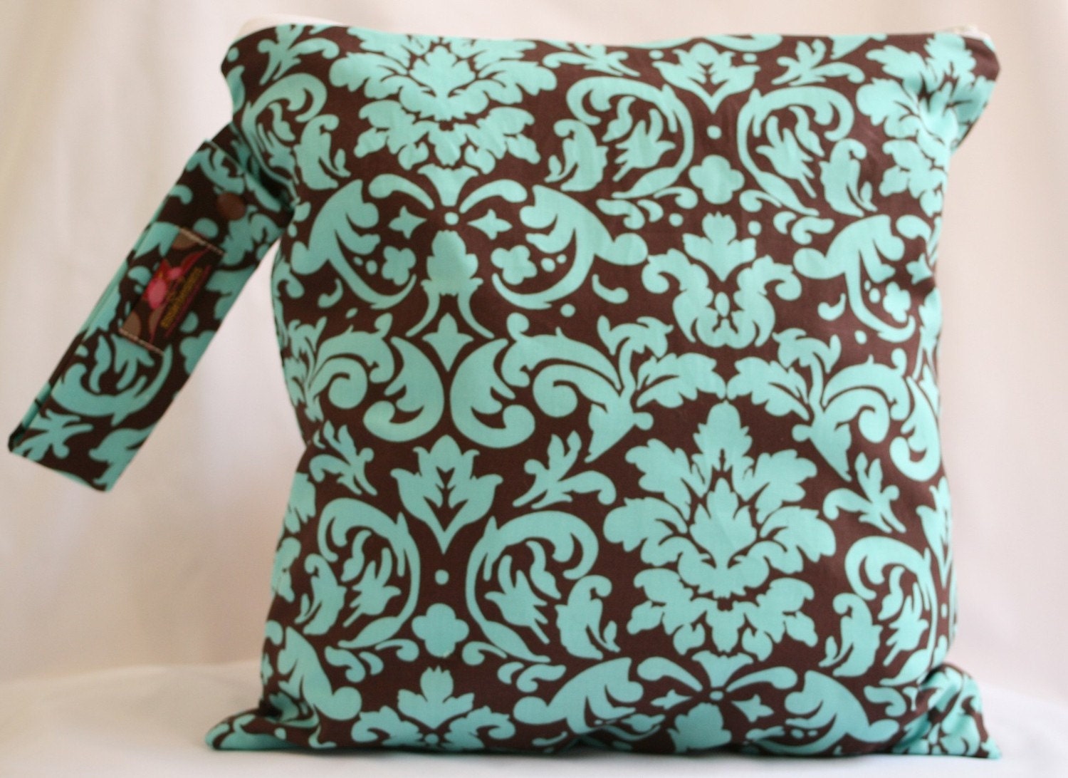 Wet Bag-Large Waterproof Wet Bag- 12.5 x 12.5- Snap Handle and Zipper- Turquoise and Brown Damask