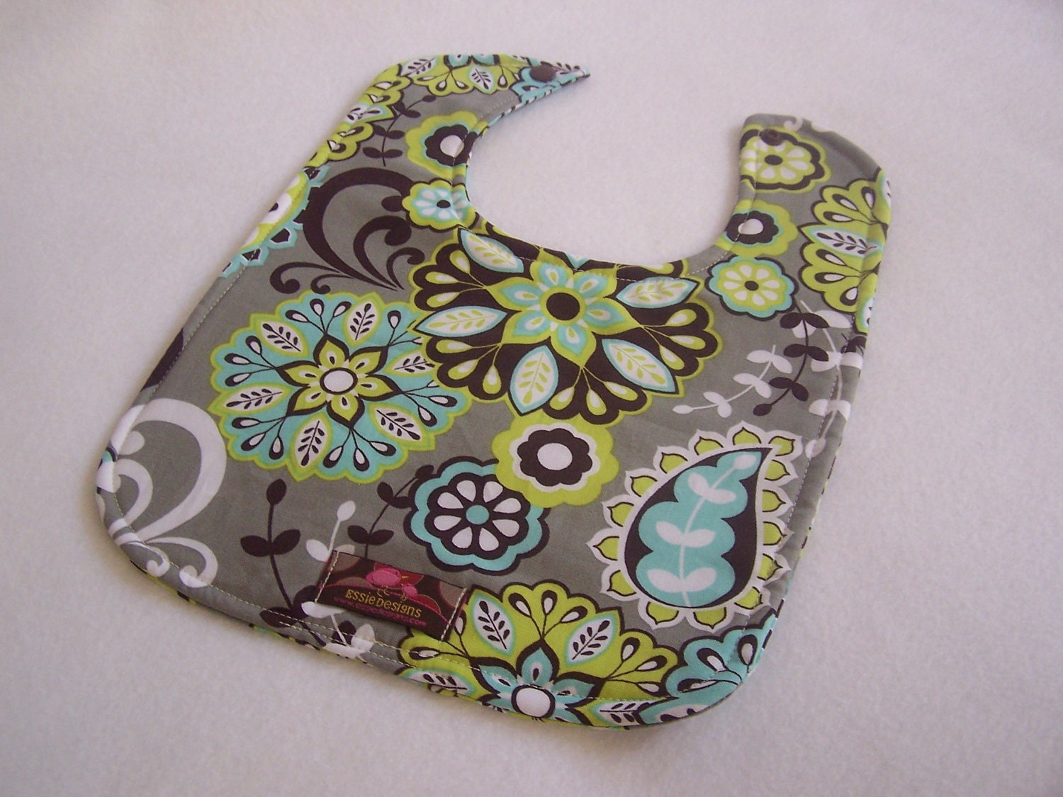 Baby Bib-  Star Flower- Gray-Brown-Green  10 x 12.5