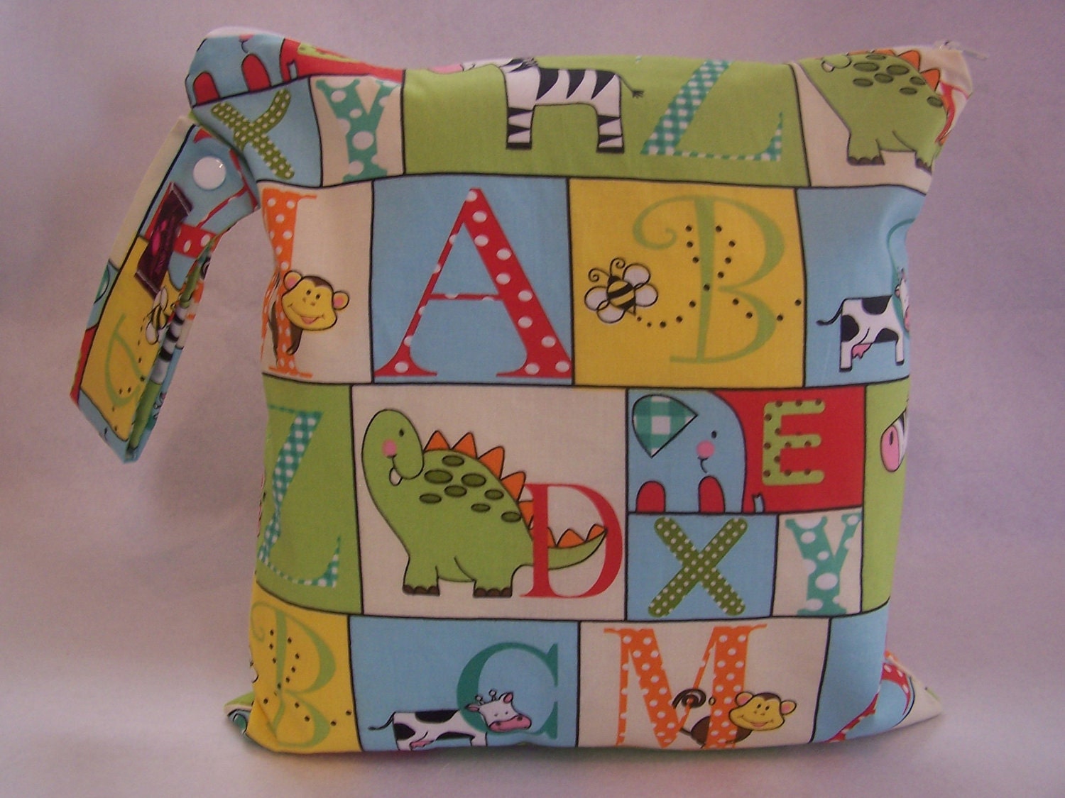 Wet Bag-Large Waterproof Wet Bag- 12.5 x 12.5- Snap Handle and Zipper- ABC ZOO