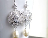 Bridal Earrings Swarovski Ivory Pearl Cubic Zirconia Sterling Silver Dangle Earrings - Cynthia E4 Wedding Jewelry