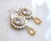 Wedding Jewelry Bridal Earrings Oval Faceted CZ Pearl Swarovski Crystal Sterling Silver Earrings - Greta E5