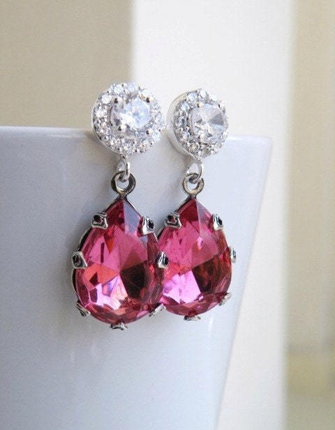 Bridal Earrings Fuchsia Rose Pink Foiled Teardrop Stone Rhinestone Silver Stud Earrings - Bella EV4 Estate Style Wedding Jewelry
