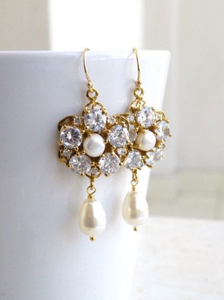 Wedding Jewelry Bridal Earrings Ivory Swarovski Pearl CZ Gold Vintage Inspired Chandelier Earrings - Greta E3G